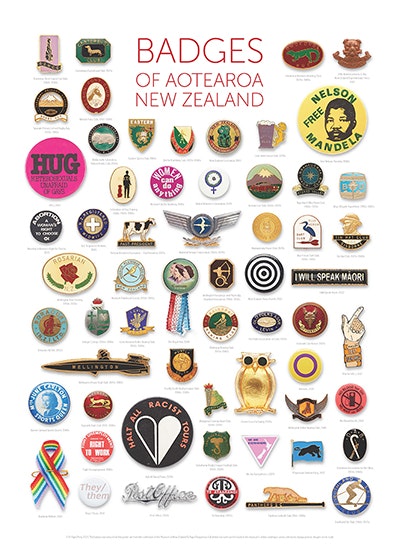 A collection of badges arranged on a white surface.