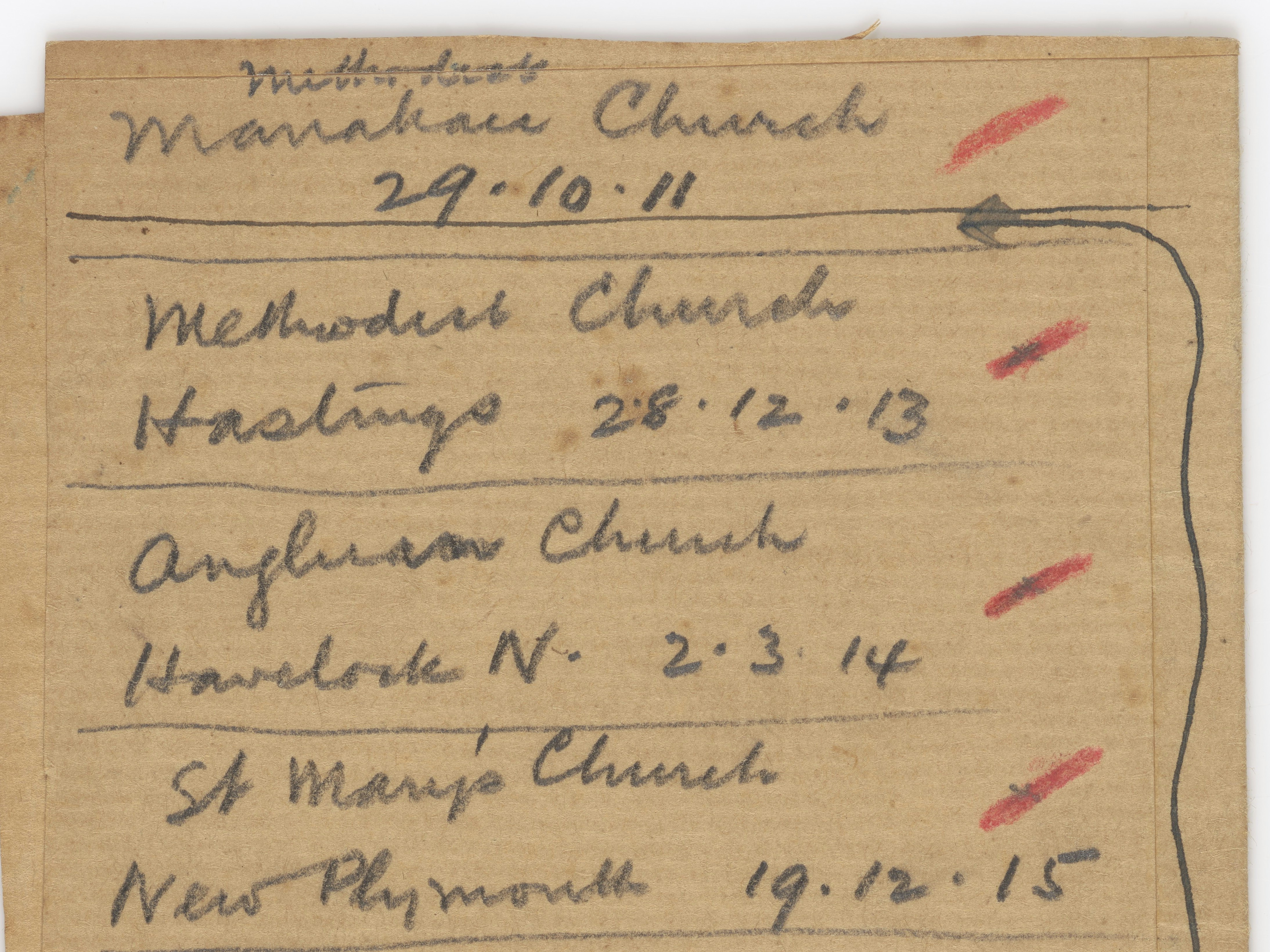 Handwritten list relating to titles and dates of prints in album Pencilled list written on card with red tick marks.