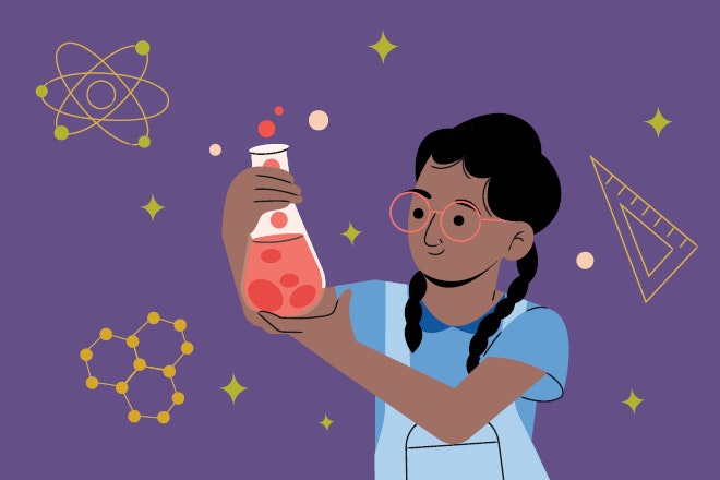 Illustration of a girl with glasses holding a scientific beaker with red liquid in it. Behind her are scientific illustrations.