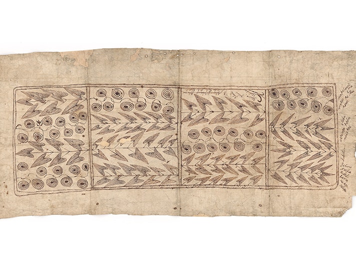 Hiapo (tapa cloth), 1800s, Niue, maker unknown. Augustus Hamilton Collection. Purchased 1914. Te Papa (FE000268/1) A piece of barkcloth with patterns drawn on it in a box.