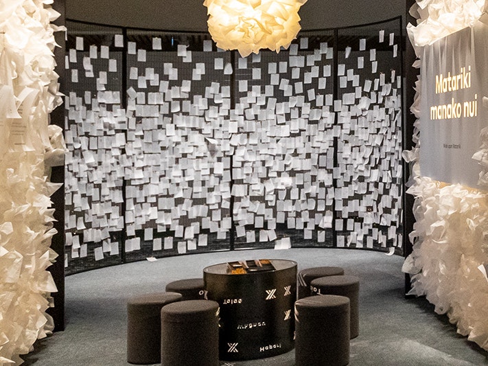 Mānawatia a Matariki, 2022. Photo by Maarten Holl. Te Papa (206416) A wall of white paper notes tied on with gold string.