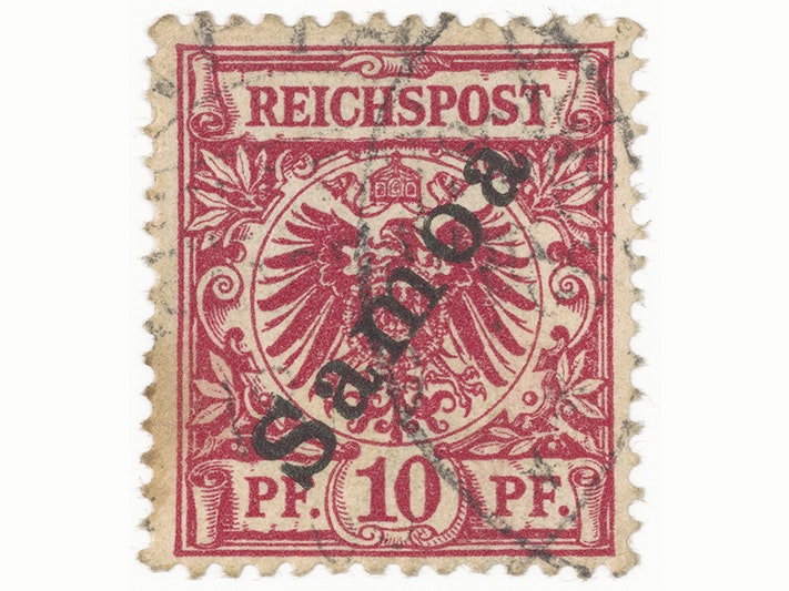 Issued ten pfennig German stamp overprinted with 'Samoa', 1900, Germany, maker unknown. The New Zealand Post Museum Collection, Gift of New Zealand Post Ltd. 1992. Te Papa (PH002609) A stamp with red printing on it that says "Reichspost. PF 10 PF and the word Sāmoa in black printed across it.