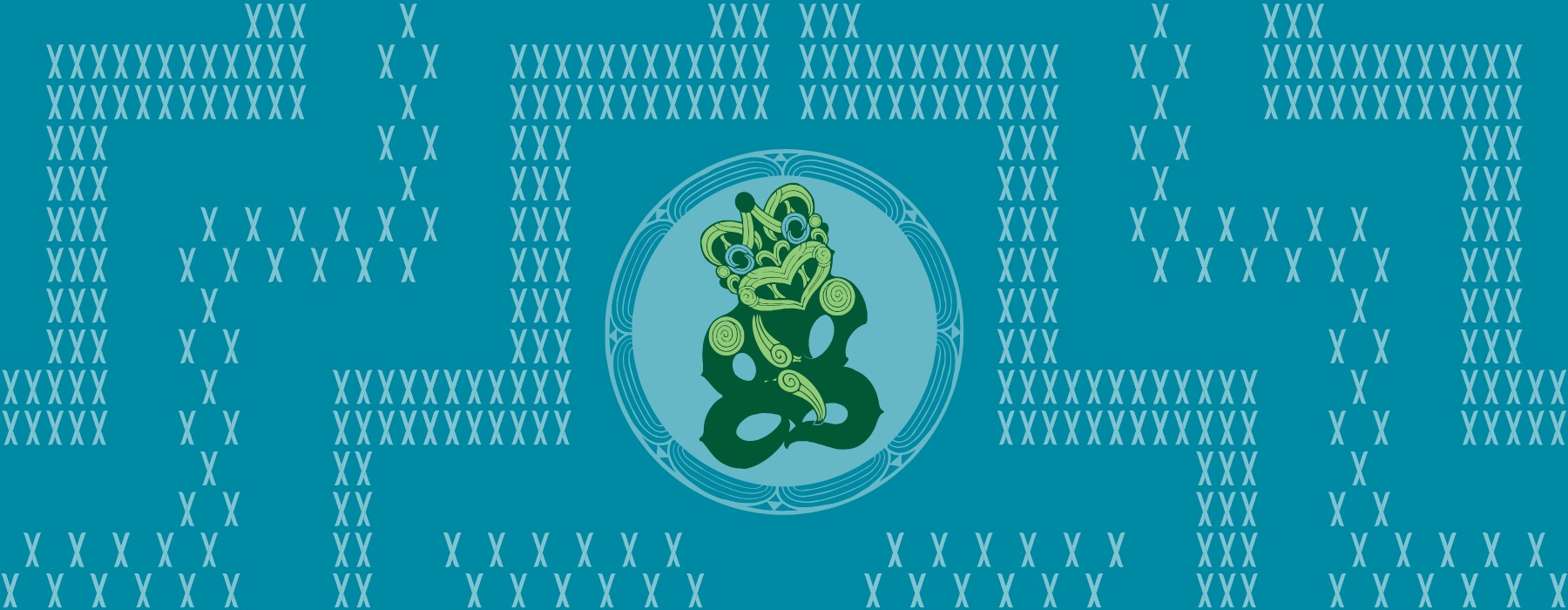 Designed image with poutama Māori design with a hei tiki pendant shape in the centre.