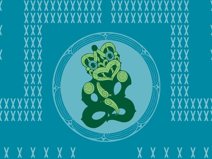 Illustrated by Tuatahi Art Designed image with poutama Māori design with a hei tiki pendant shape in the centre.