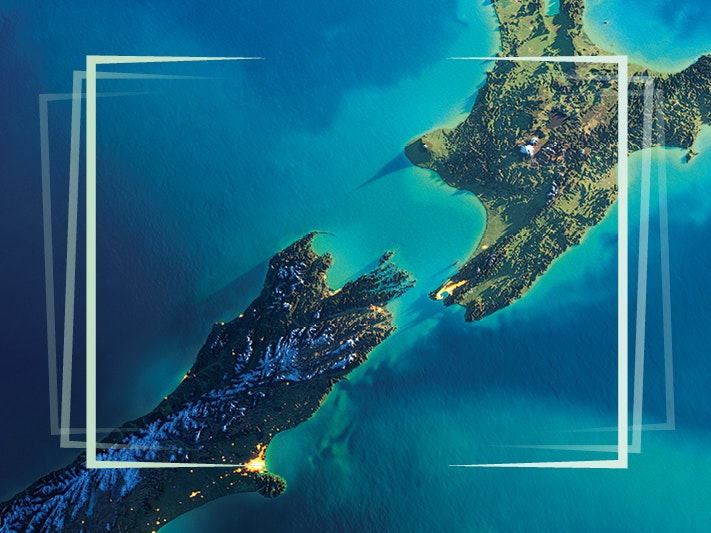 Active Land talk series. Illustration by Te Papa A partial satelite view of Aotearoa New Zealand with some design brackets on top of it.