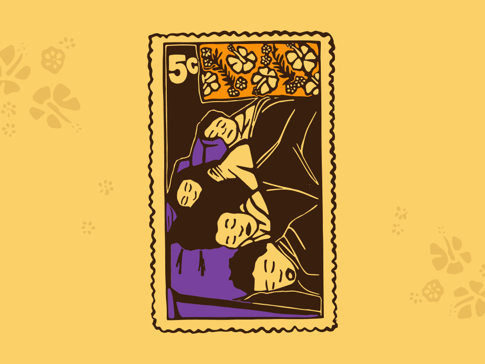 Linocut by Noelle Moa. Illustration courtesy of Manatū Taonga Ministry of Culture and Heritage A yellow rectangle with a linocut in the centre of a stamp illustration it that shows four people sleeping together in a group.