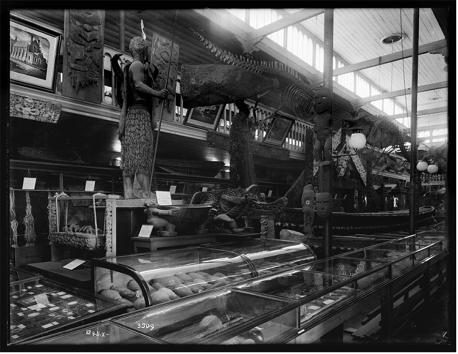 A black and white photo of a museum with everything jammed in together.