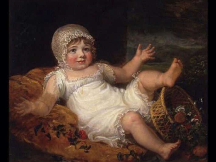 George Dawe Child study, 1812. Gift of the New Zealand Academy of Fine Arts, 1936. Te Papa (1936-0012-85) A young baby with a bonnet and white dress on is lying on its back with hands and one leg in the air.