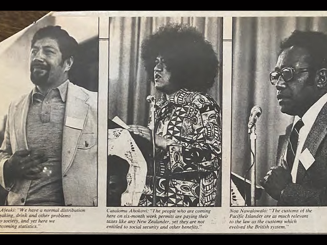 Left to right: Wellington Advisory Council Treasurer Andrew Afeaki, Wellington Tongan Association President Casaloma Ahokovi, and Justice Committee Chairman of the Advisory Council Noa Nawalowalo. NZ Listener, 25 Oct 1975. Courtesy of Manatū Taonga Ministry of Culture and Heritage A magazine clipping of three images of three men talking at a conference.