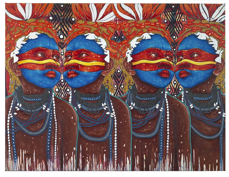 A painting of four different views of the same person wearing ceremonial clothing and facepaint.