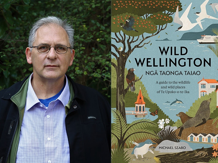 Michael Szabo and Wild Wellington book cover A split image of a head and shoulders of a man the book cover for Wild Wellington