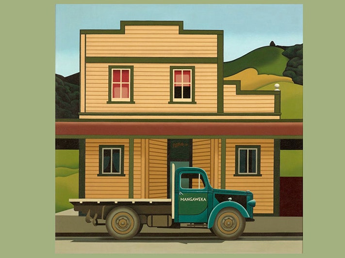 Banner for Robin White featuring Mangaweka, Dame Robin White; artist; 1973; Mangaweka. Purchased 1994 with New Zealand Lottery Grants Board funds. Te Papa (1994-0013-1) A painting of a wooden building with a green flat-bed truck parked outside. The truck has the word Mangaweka on the door.