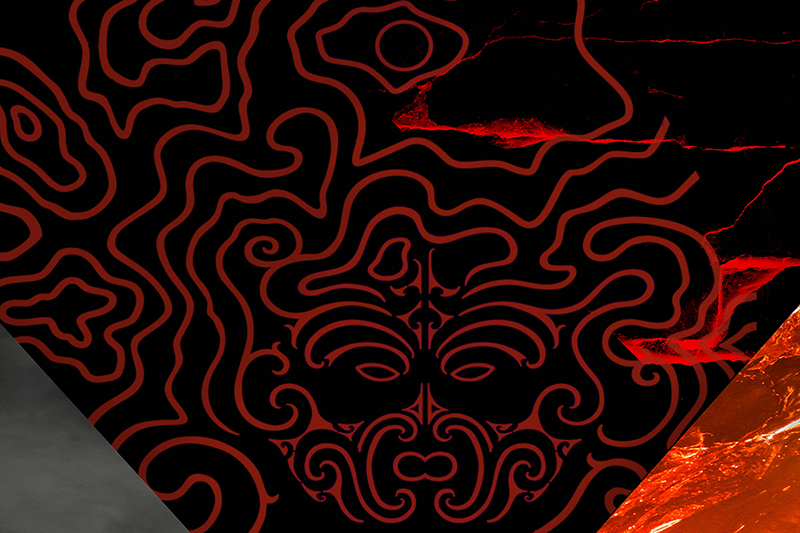 Illustration of red and black shapes and lava with a stylised face drawn with red lines on the darkest part.
