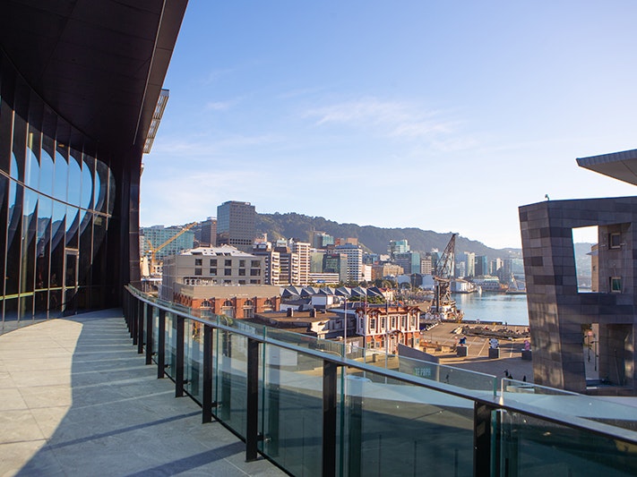 Tākina Events 2023. Photo by Homegrown Creative. Te Papa (235005) A photo from a balcony on a modern building. The view is part of the city of Wellington showing a part of Te Papa and the harbour as well as Te Ahumairang hill.