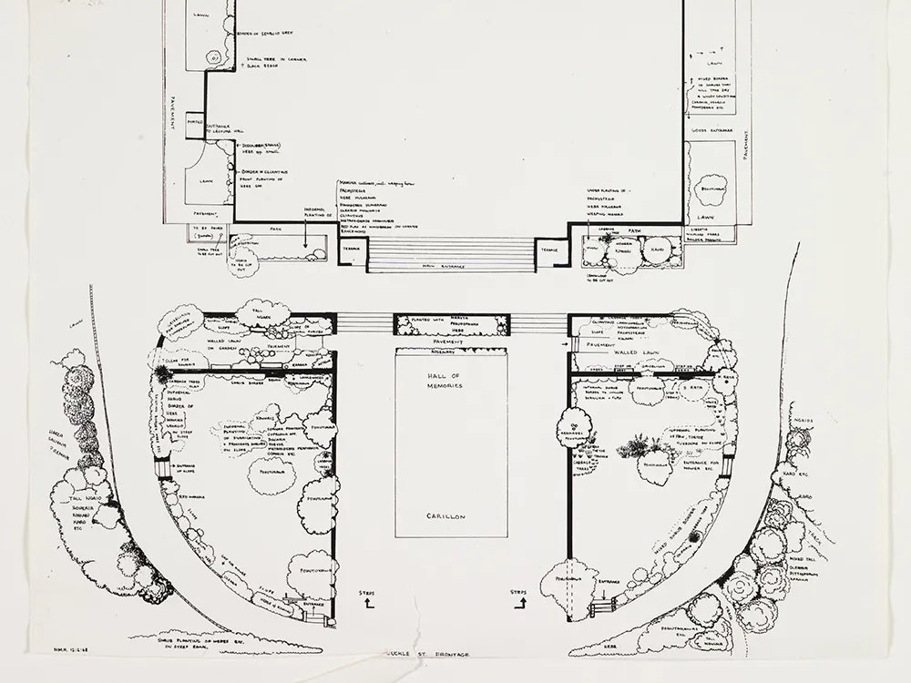 Dominion Museum Buckle Street building garden plans, 12 June 1968. Te Papa (MU000448/001/0003) A hand-drawn architectural map of a garden space in front of a large building
