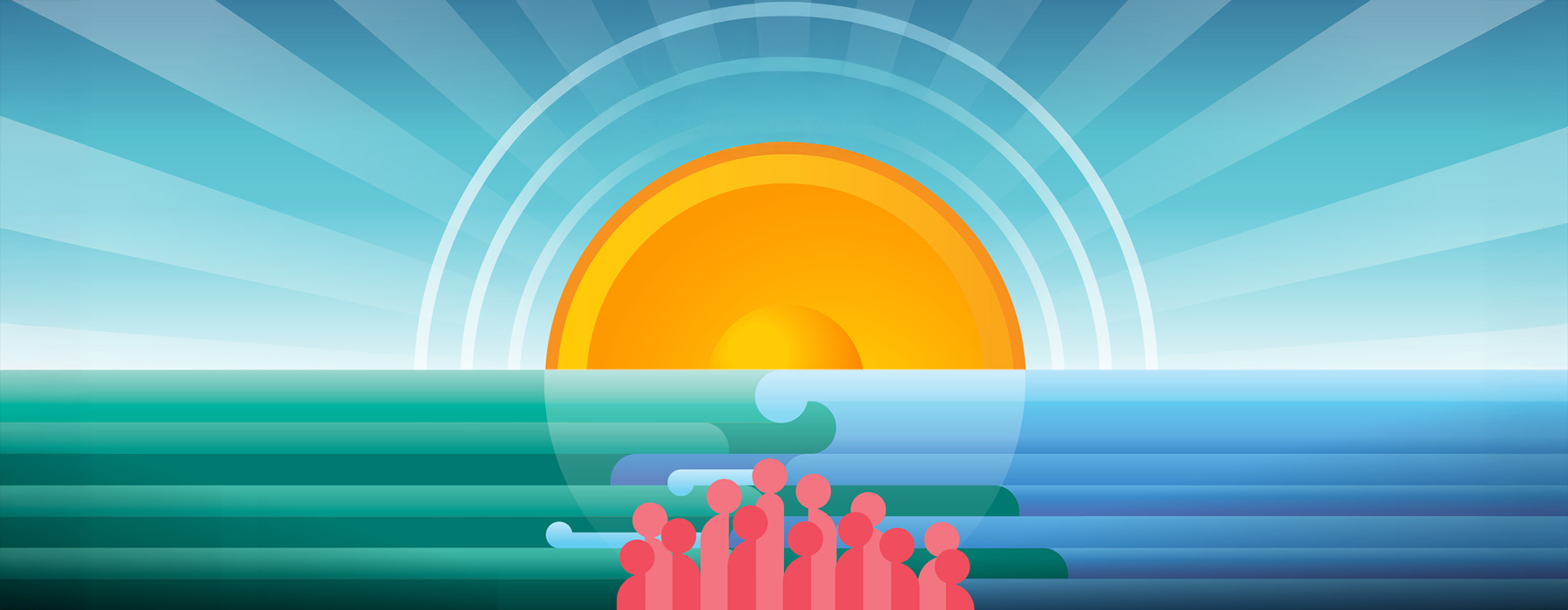 A stylised illustration of a rising sun with rays expanding off it and water in front of it with a cluster of people shapes at the centre front.