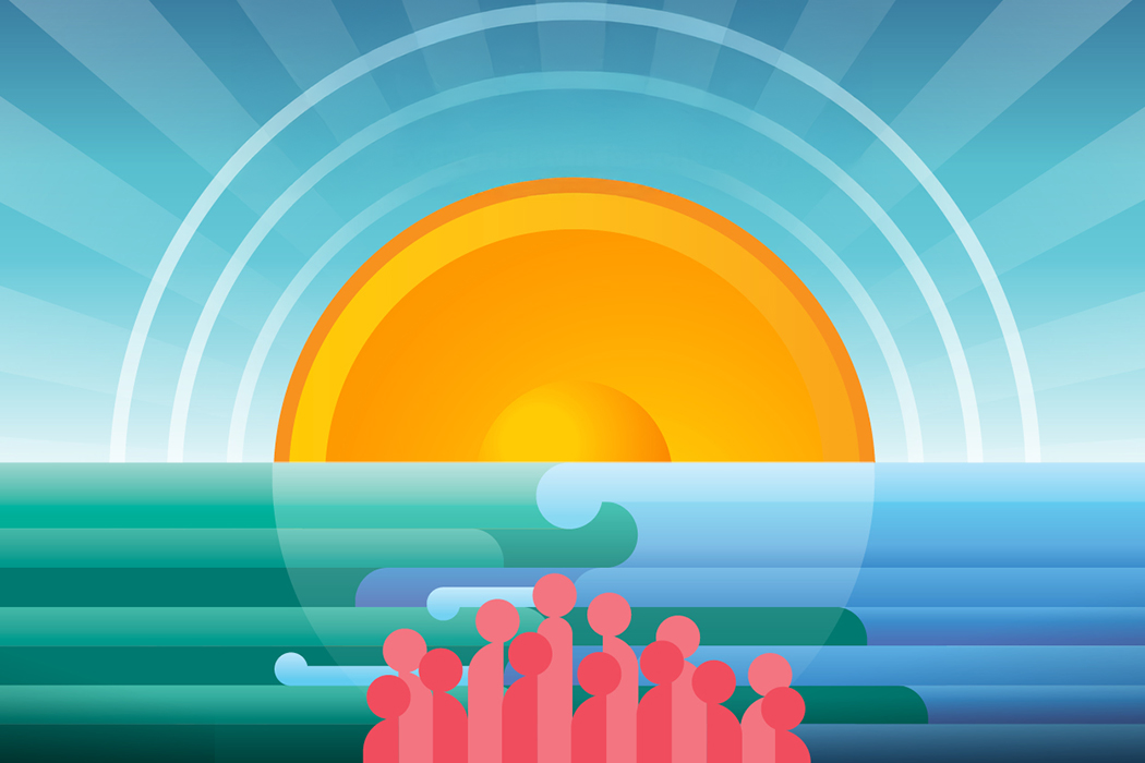 A stylised illustration of a rising sun with rays expanding off it and water in front of it with a cluster of people shapes at the centre front.