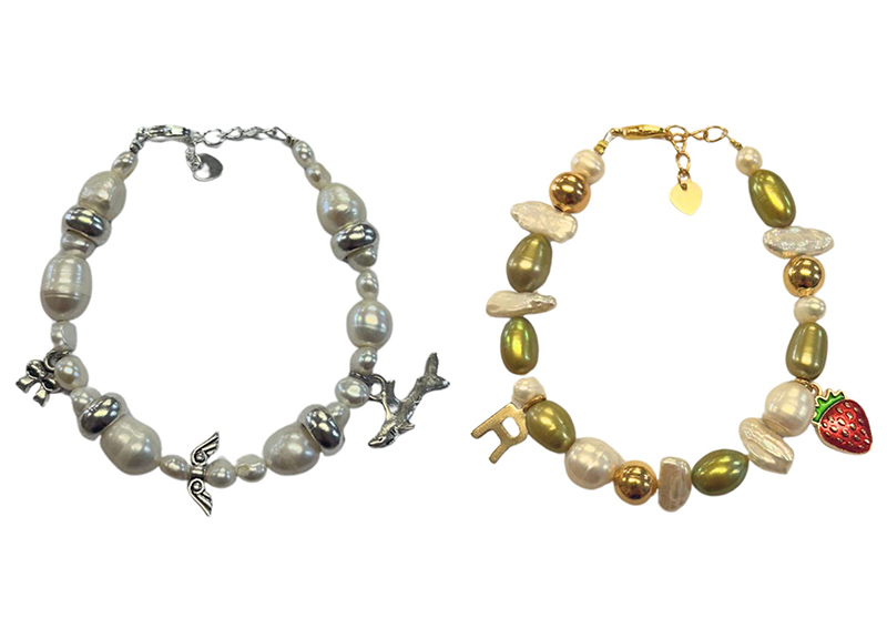 Two bracelets side by side. One is silvery colours with seed pearls and charms and one is gold coloured.