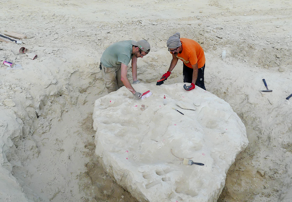 Two people are working on an dig and standing around a piece of rock with a ditch dug out around it.