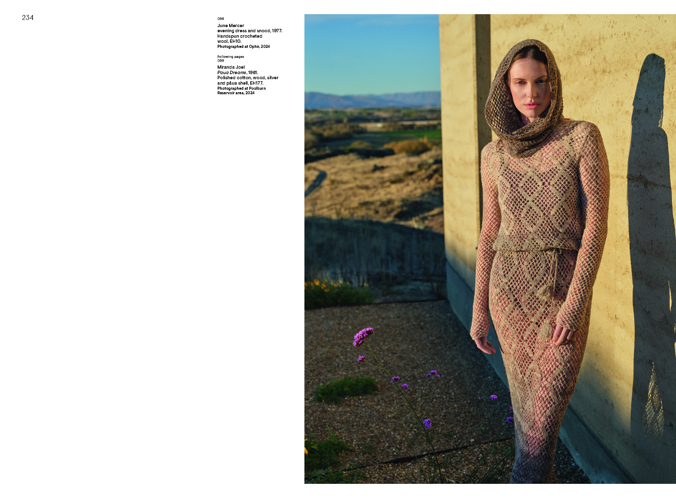 A page in a book in a caption and a photo of a woman standing next to a wall wearing a lace hooded dress