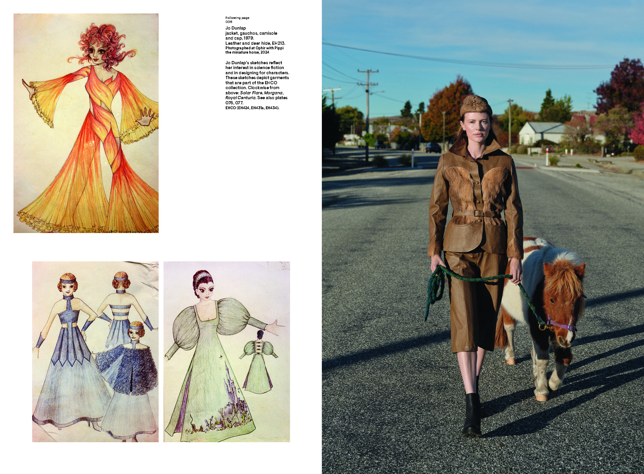 A page from a book with some text and three images. One is a photo of a woman dressed in leather and walking a shetland pony, one is an illustration of a woman in an on orange flowy dress, and one is two images of views of different dresses.