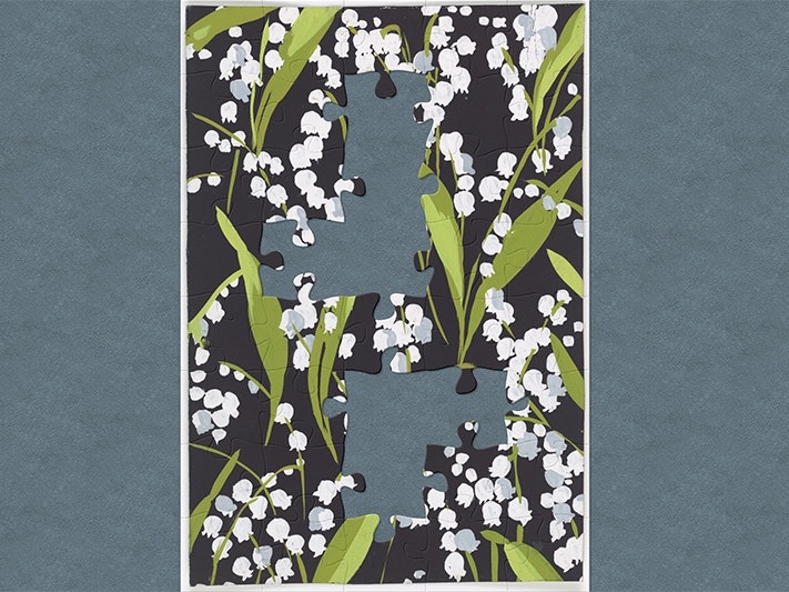 Colourway, circa 1920, France, by P George. Purchased 2001. Te Papa (GH009614) A picture of snowdrops and leaves with jigsaw-shaped pieces missing.