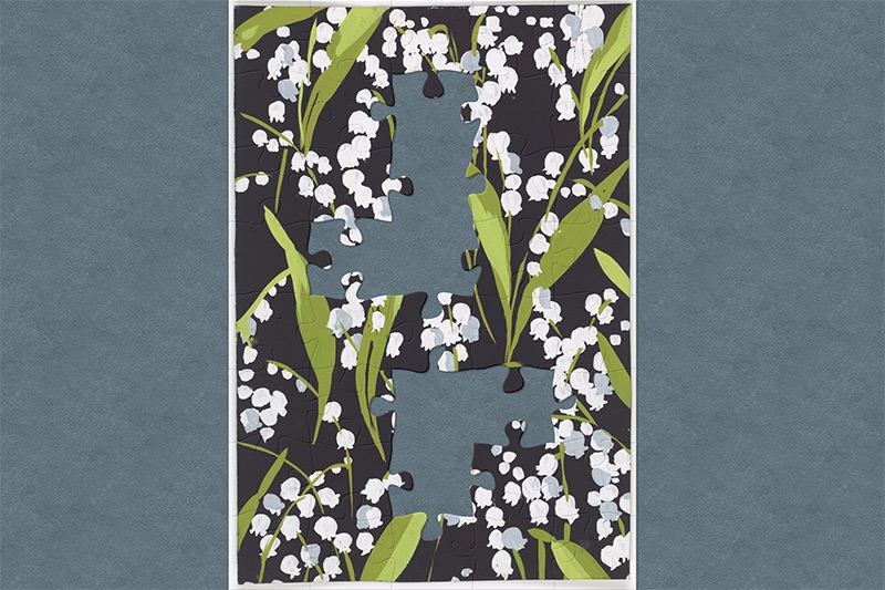 A picture of snowdrops and leaves with jigsaw-shaped pieces missing.