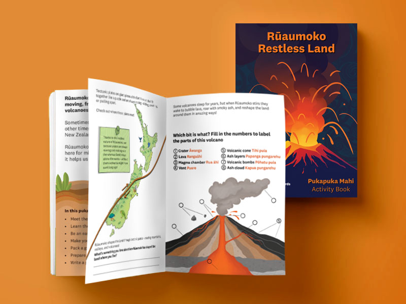 Rūaumoko Activity Book cover and page spread on an orange background.