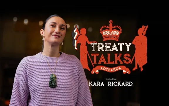 A woman wearing a hei tiki (pounamu pendant) is standing looking at the camera. Beside her is a stylised rendering of the Crown symbol with the words Treat Talks, Aotearoa, and smaller words saying "hosted by" and her name, Kara Rickard.