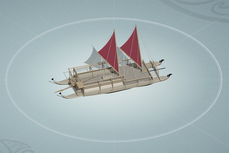 An illustration of a double-hulled sailing vessel with two red sails.
