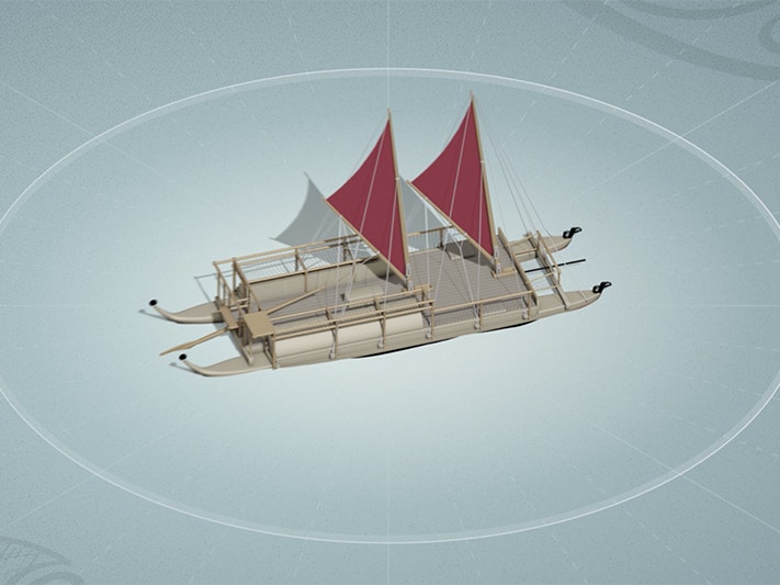 Still from digital interactive for Manu Rere Moana An illustration of a double-hulled sailing vessel with two red sails.