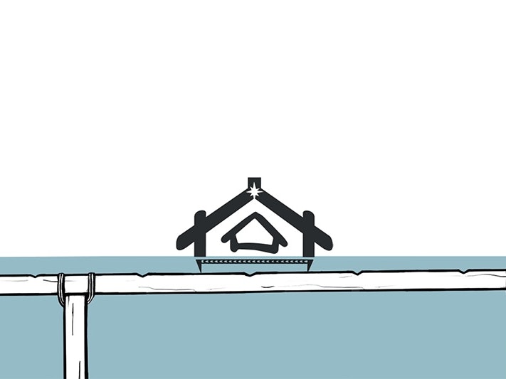 Illustration by Mahara Nicholas from knowledge shared by Pwo Navigator Jack Thatcher, with animation by Toka Tamihere A still from an animation of houses and their positions on the railings of a boat.