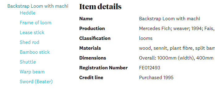 Screenshot of Collections Online showing the tree hierarchy on the left, and item details on the right
