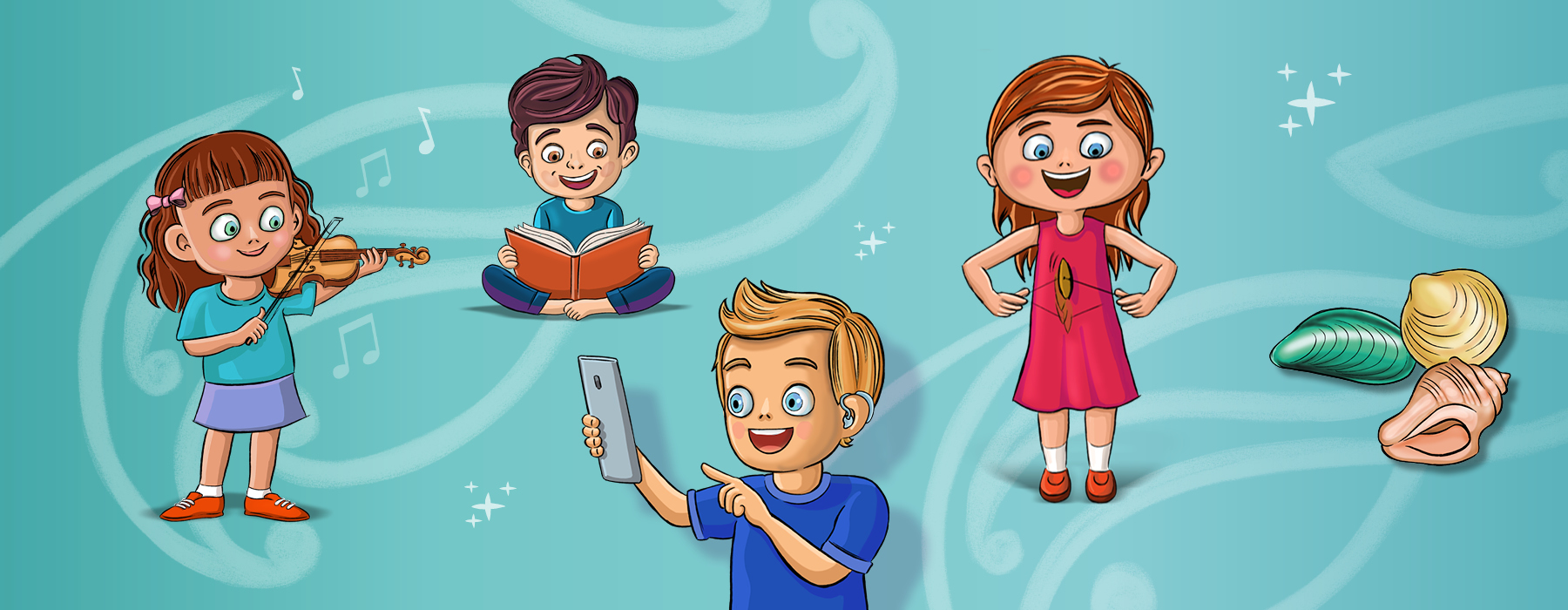 An illustration featuring a group of cartoon children enjoy different activities: one plays the violin, another reads a book, one uses a smartphone, and another plays the porotiti (a small disc with a cord through the centre). Three colourful shells lie nearby.
