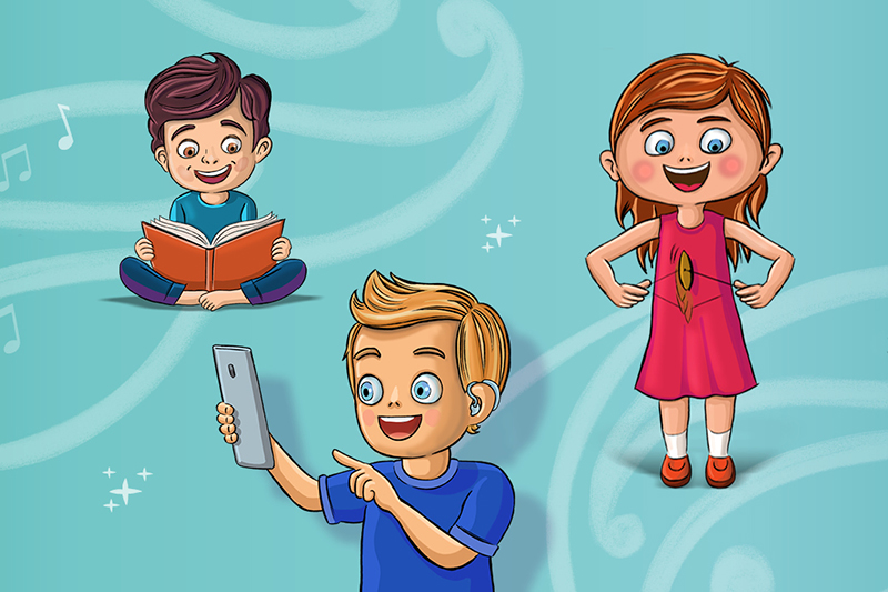 An illustration of three children enjoy different activities: one reads a book, one uses a smartphone, and another plays the porotiti (a small disc with a cord through the centre).