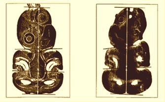 The front and back of a greenstone pendant marked out with measuring lines.