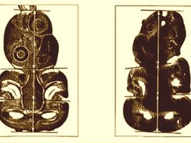 Measuring proportions of hei tiki. Image by Dougal Austin The front and back of a greenstone pendant marked out with measuring lines.