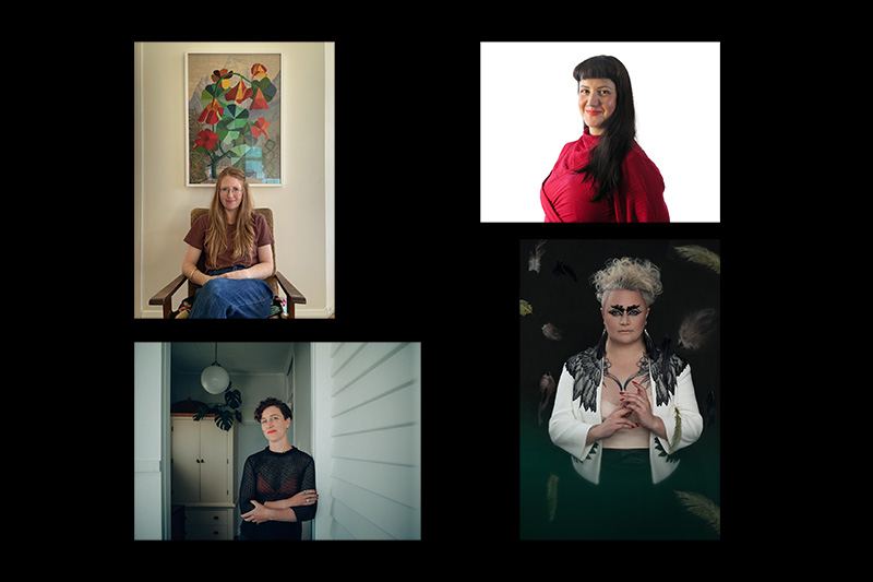 Four separate images of four authors posing for photos.