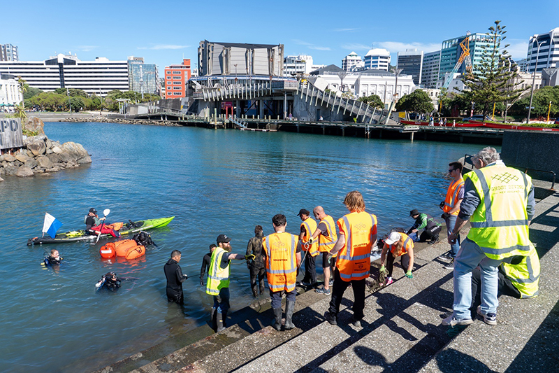 People in high-vis vests standing on the steps of the lagoon in Wellington Harbour. There is also someone in a kayak.