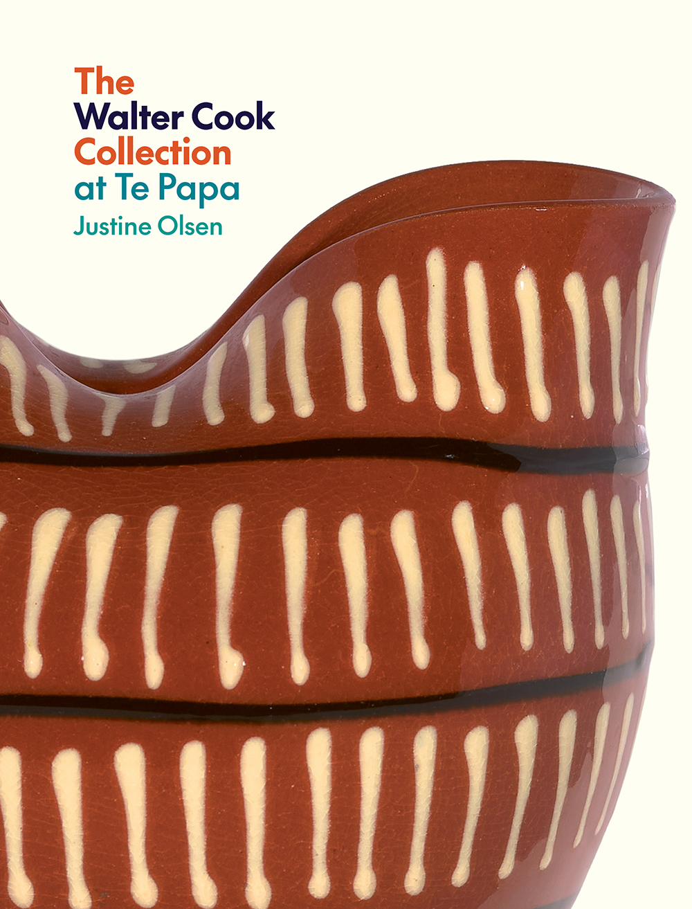 Book cover showing the title, author and a close up of a brown pottery vase that has short white downward stripes and black horizontal stripes.