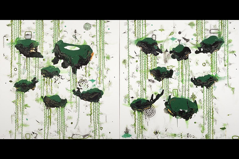 A large artwork filled with clouds of olive green and black paint. Adding to the surreal cloudscape are small, detailed drawings of decapitated birds’ heads, mountains, fantastical creatures and circular hiapo motifs that create small pockets of narrative.