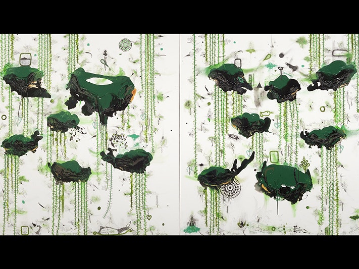 John Pule, Shark, Angel, Bird, Ladder, Auckland 2008. Purchased 2010. Te Papa (2010-0034-1/A-B to B-B) A large artwork filled with clouds of olive green and black paint. Adding to the surreal cloudscape are small, detailed drawings of decapitated birds’ heads, mountains, fantastical creatures and circular hiapo motifs that create small pockets of narrative.