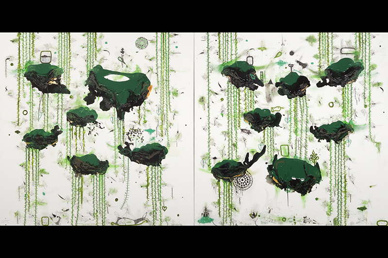 A large artwork filled with clouds of olive green and black paint. Adding to the surreal cloudscape are small, detailed drawings of decapitated birds’ heads, mountains, fantastical creatures and circular hiapo motifs that create small pockets of narrative.