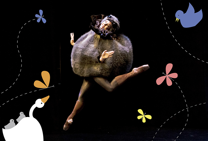 A woman is in a large furry ball costume and tights and leaping in the air. Surrounding her are 2D illustrations of butterflies, a bird, and a duck.