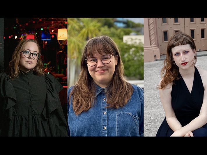 Left to right: Emma Barnes photo by Rebecca McMillan Photography, Sophie van Waardenberg photo by Samai Azeez; and Amy Marguerite photo by Lauren Crerar Three portrait images of three people all looking at the camera.