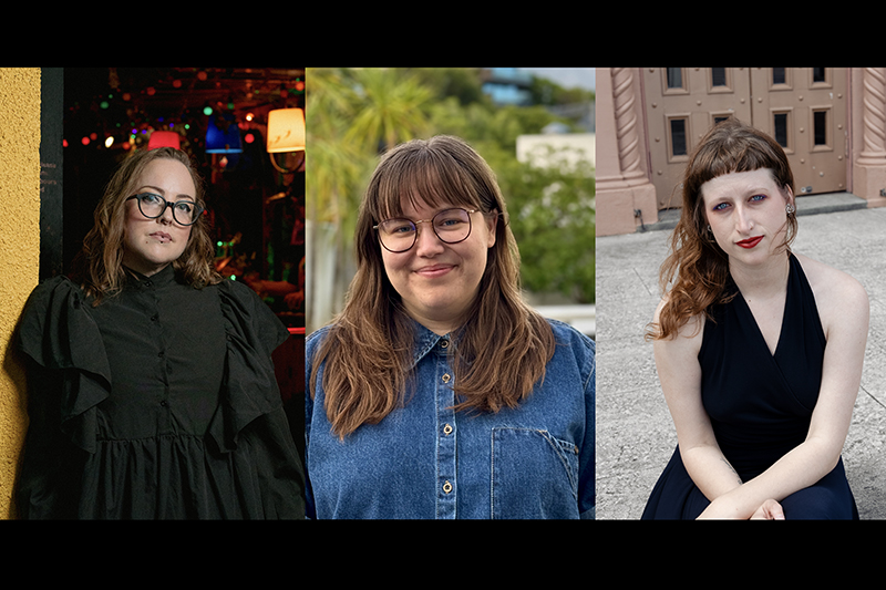 Three portrait images of three people all looking at the camera.