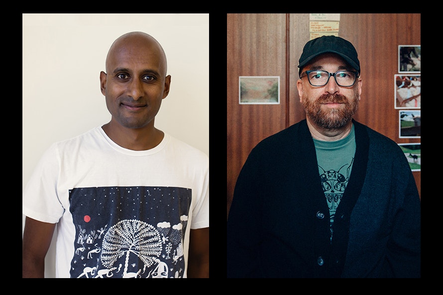 Two head and shoulders photos of two men. One black man with no hair in a tshirt against a cream wall, and one white man with a beard in a cap and glasses against a wall with postcards on it.
