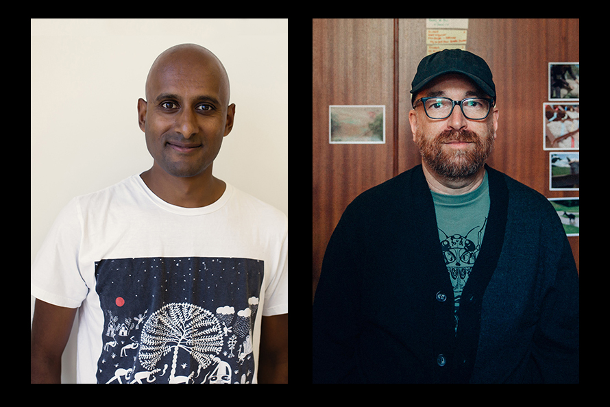 Two head and shoulders photos of two men. One black man with no hair in a tshirt against a cream wall, and one white man with a beard in a cap and glasses against a wall with postcards on it.