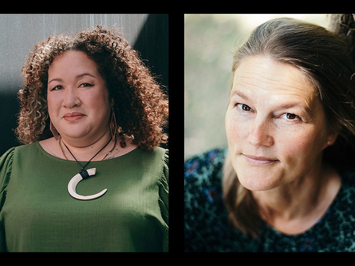 Left: Nafanua Purcell Kersel. Right: Mikaela Nyman. Both photos by Ebony Lamb Photographer Two headshots of two people with long hair looking at the camera.