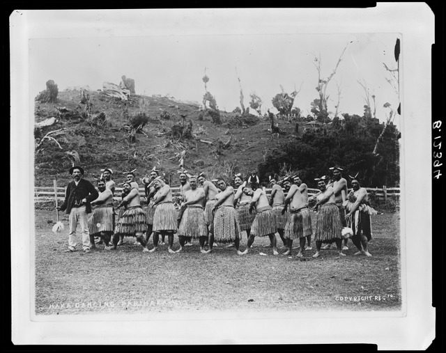 Black and white historical photo of a haka party.